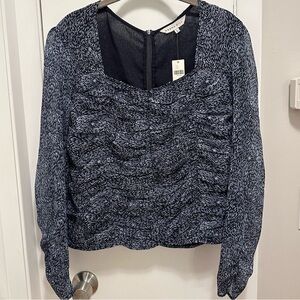 RANNA GILL Anthropologie Mylene Blouse L Navy NWT Sheer Ruched Slv Top *REPAIR